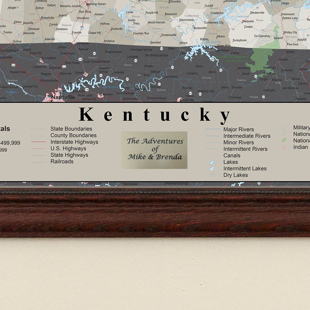 Earth Toned Kentucky Push Pin Travel Map with Pins plaque placement