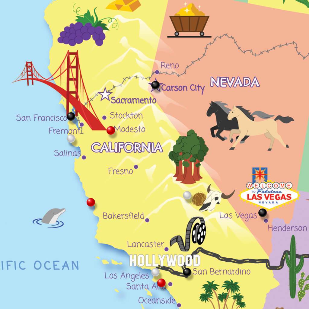 Closeup of California on Kids Map with Pins