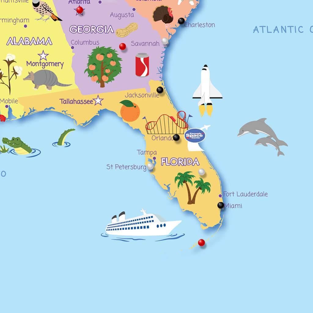 Closeup of Florida on Kids Map with Pins