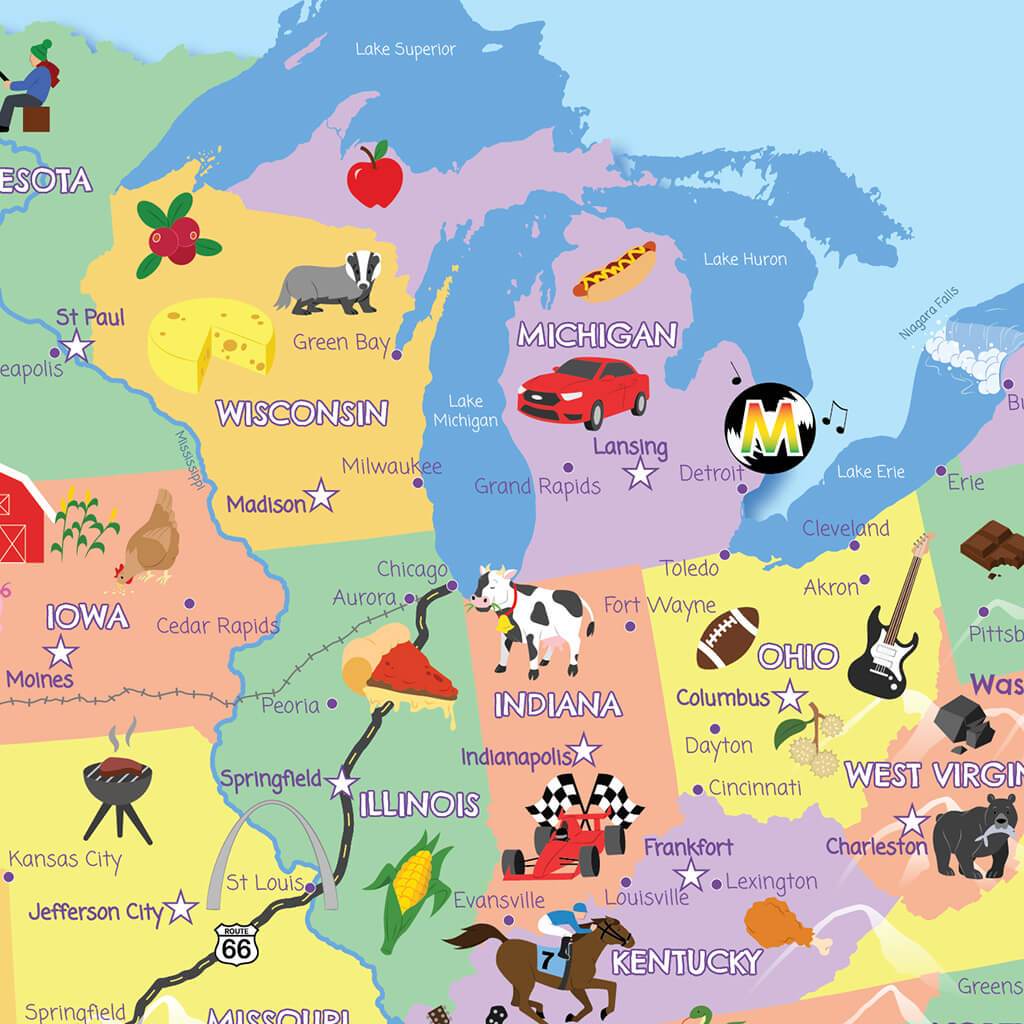 Closeup of Michigan on Kids Map