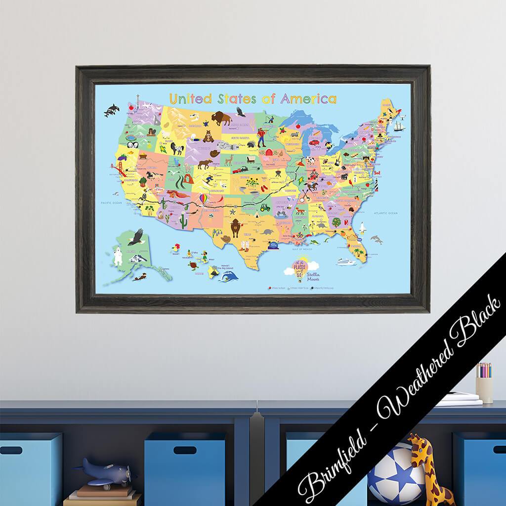 Canvas Kids Push Pin Map in Premium Brimfield Weathered Black Frame