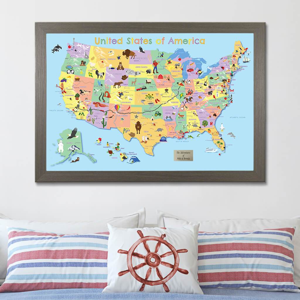 Kids USA Map in Barnwood Gray Frame