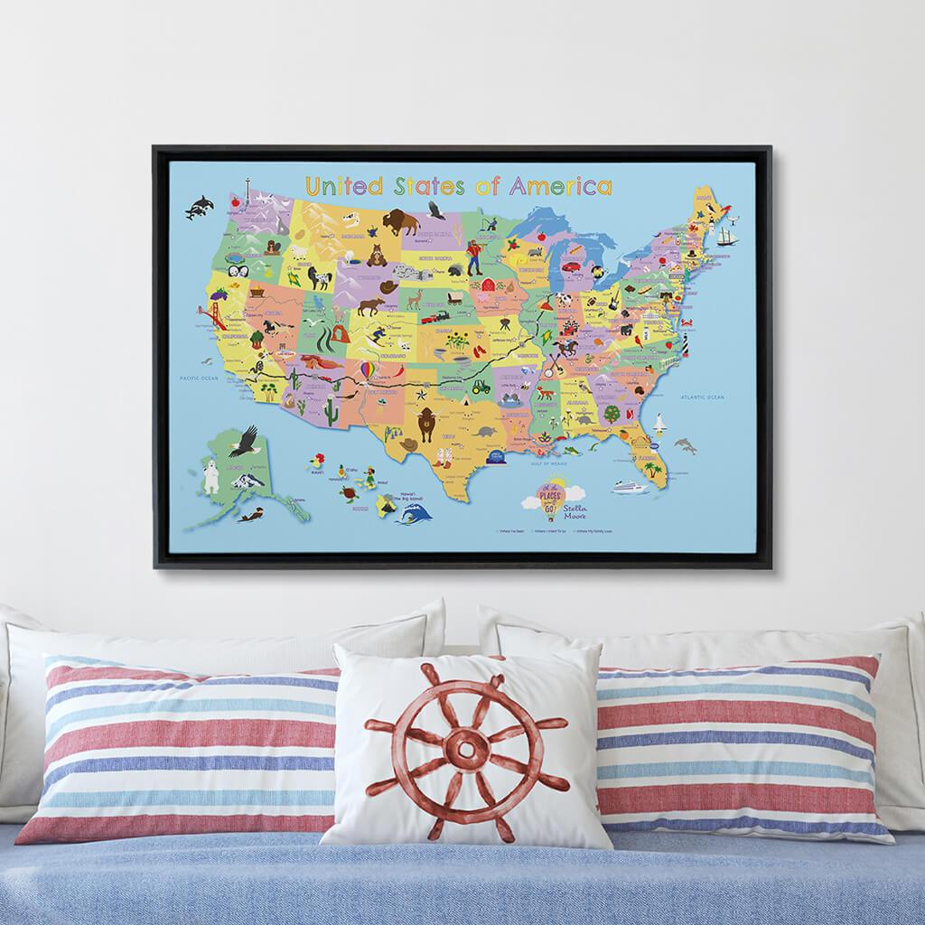 Black Float Frame - 24x36 Gallery Wrapped Canvas Kids Map
