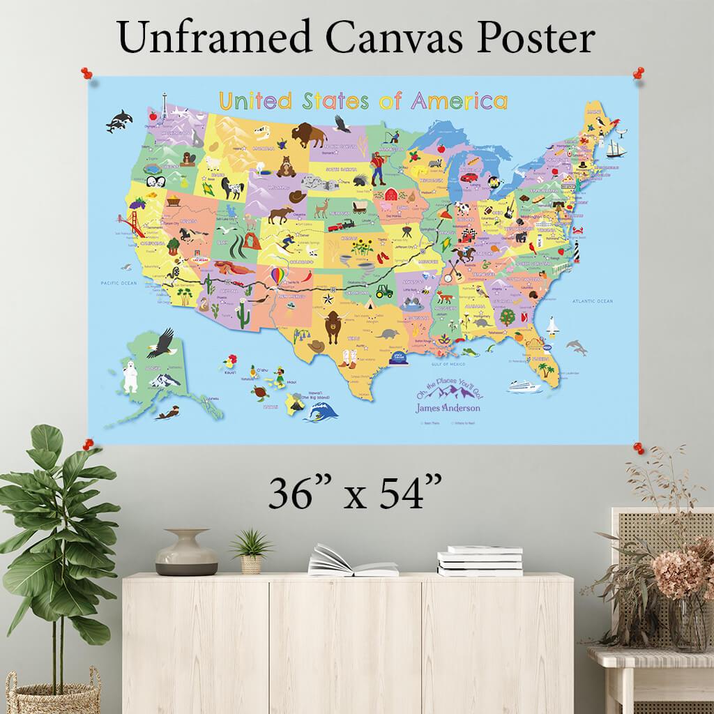 USA Map for Kids Canvas Poster 36 x 54