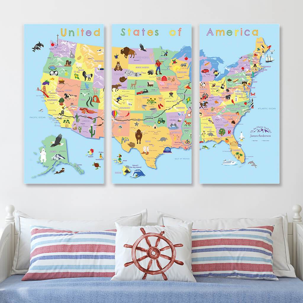 Large 3 Panel Canvas Map for Kids