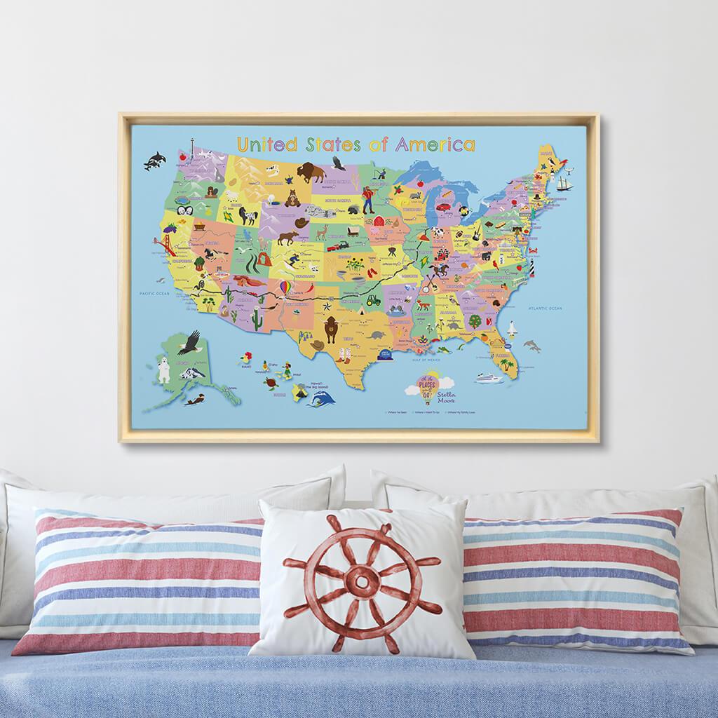 Natural Tan Float Frame - 24x36 Gallery Wrapped Canvas Kids Map