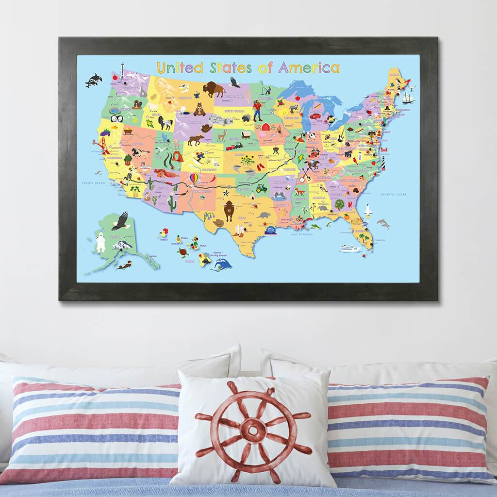 Kids USA Map in Rustic Black Frame