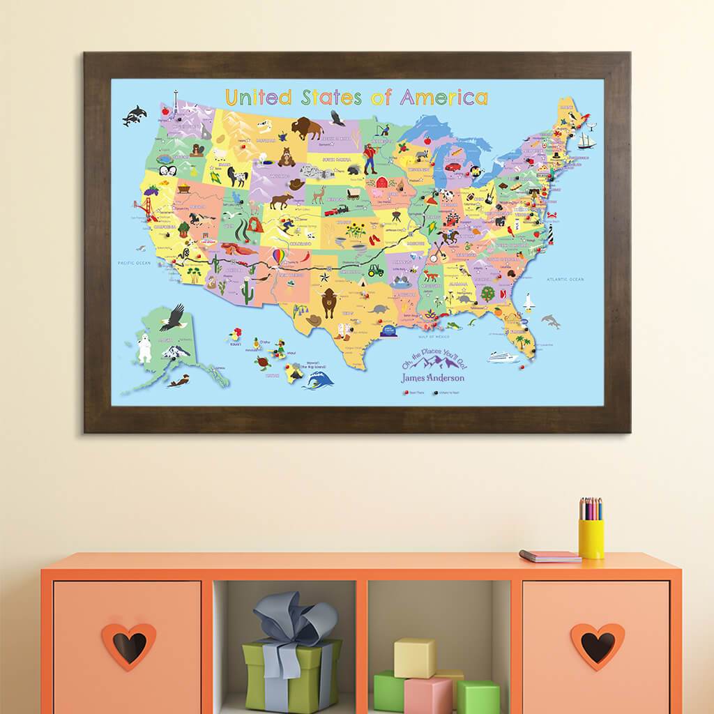 Canvas Kids Push Pin Travel Map with Pins in Rustic Brown Frame