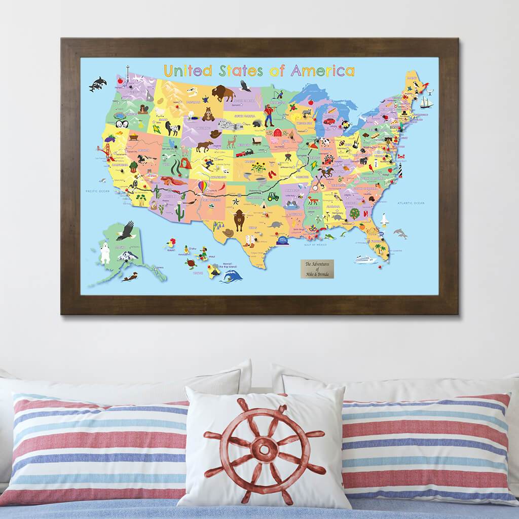 Kids USA Map in Rustic Brown Frame
