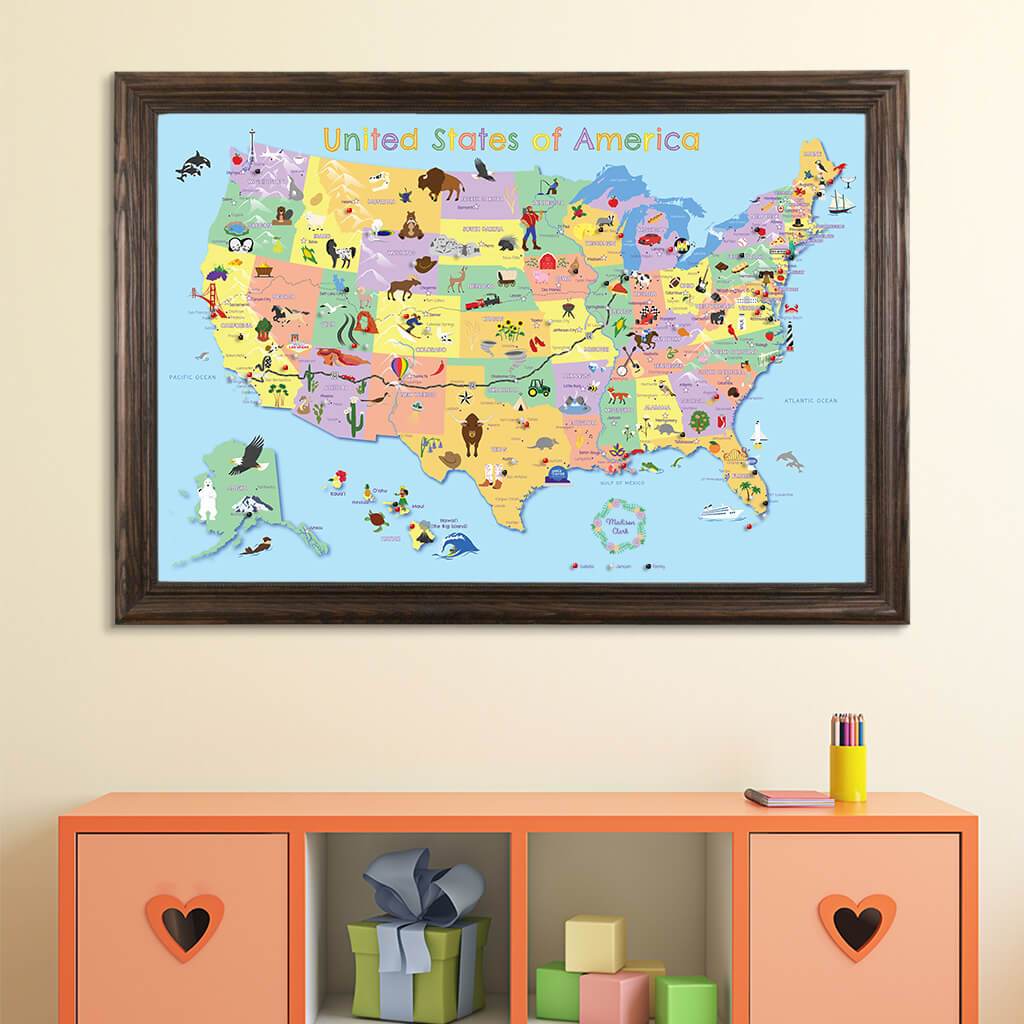 Canvas Kids Travel Map with Pins in Solid Wood Brown Frame