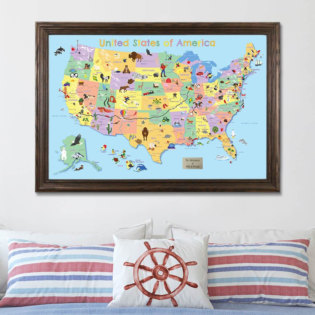 Kids USA Map in Solid Wood Brown Frame