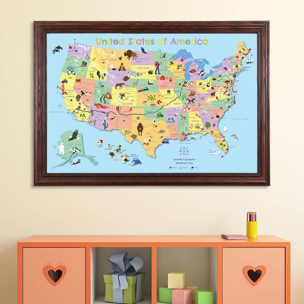 Canvas Kids Travel Map with Pins in Solid Wood Cherry Frame
