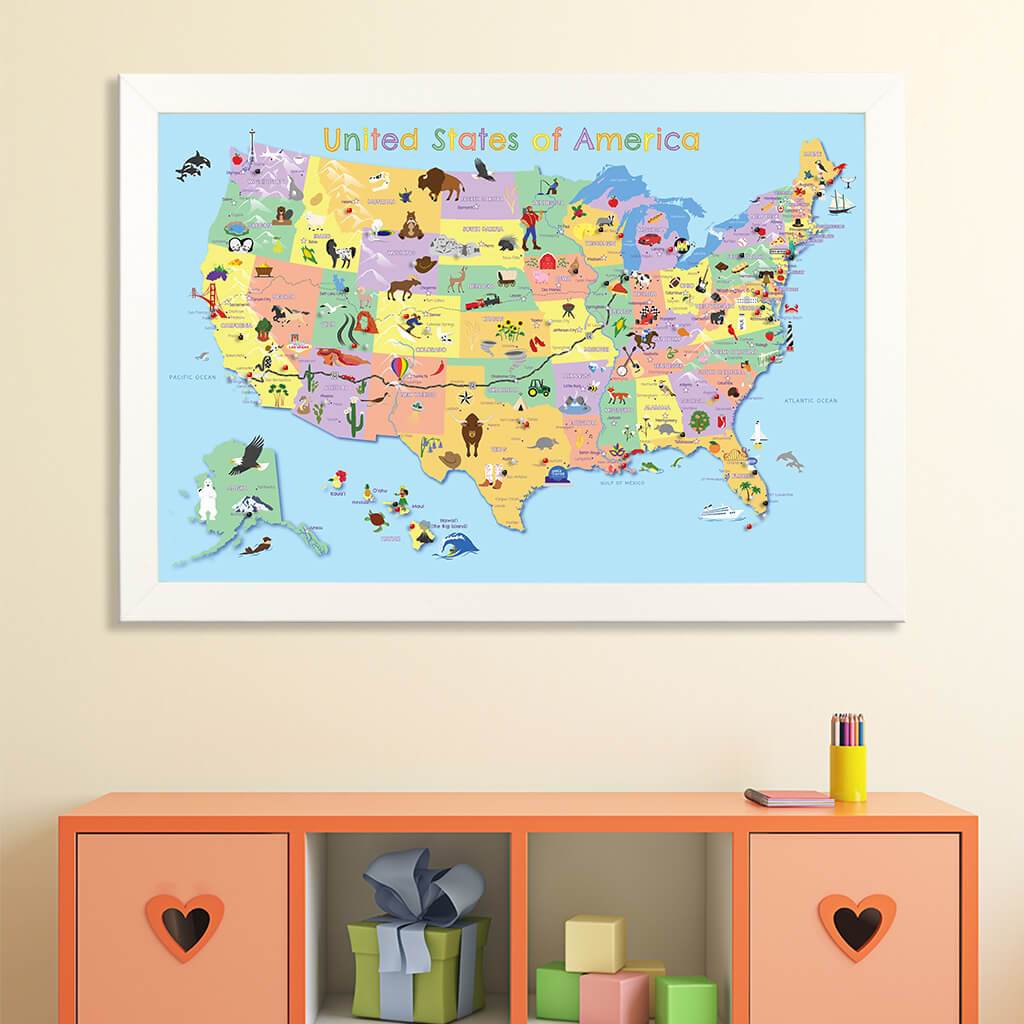 Canvas Map for Kids with Pins in Textured White Frame