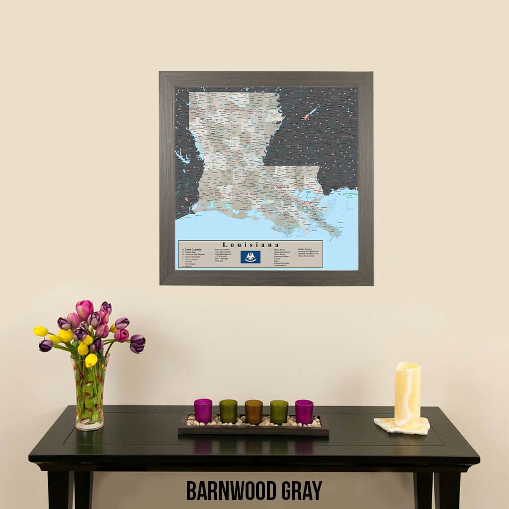 Earth Toned Louisiana Travel Map Barnwood Gray Frame