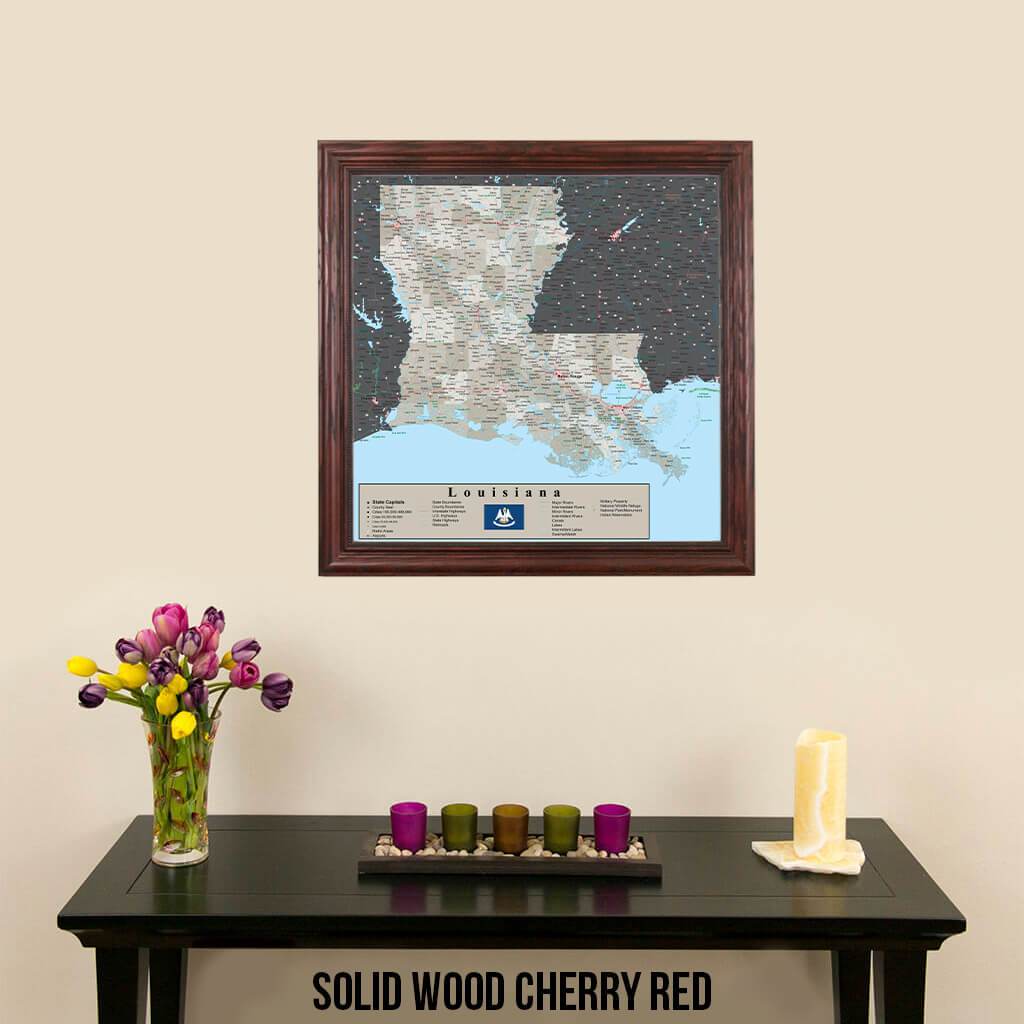 Earth Toned Louisiana Travel Map Solid Wood Cherry Frame