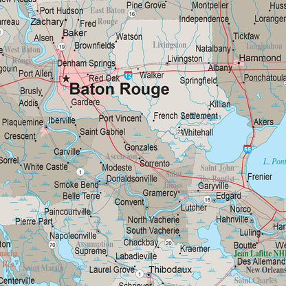 Earth Toned Louisiana Travel Map closeup