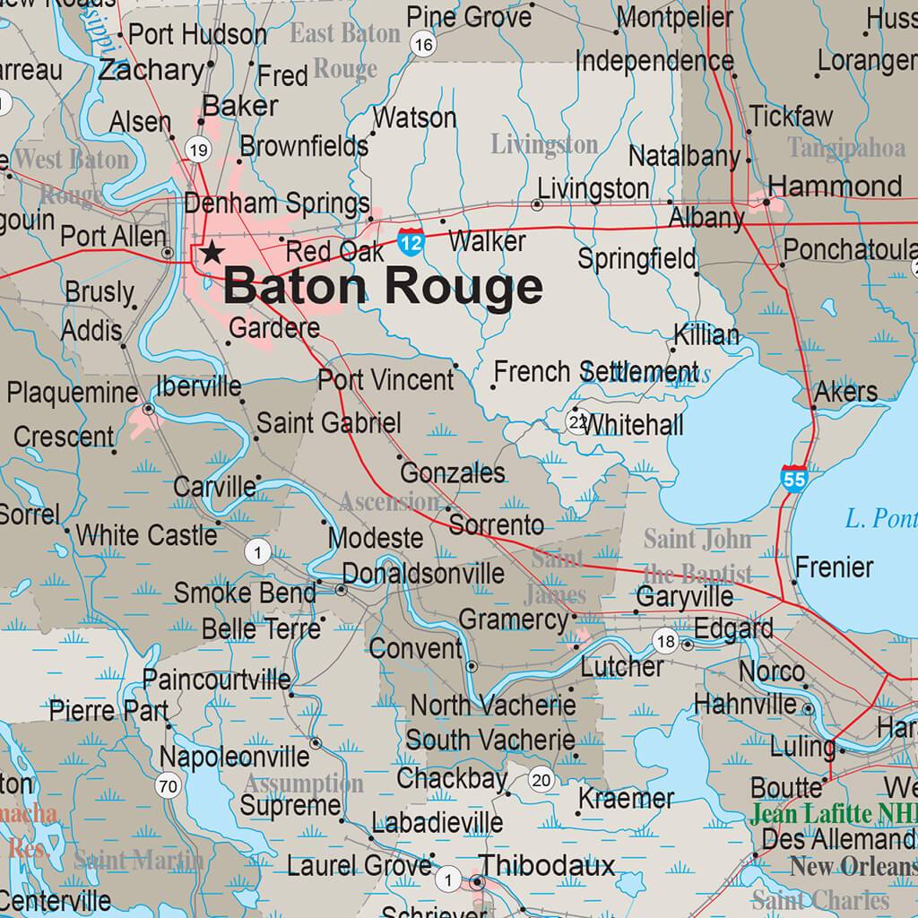 Earth Toned Louisiana Travel Map closeup