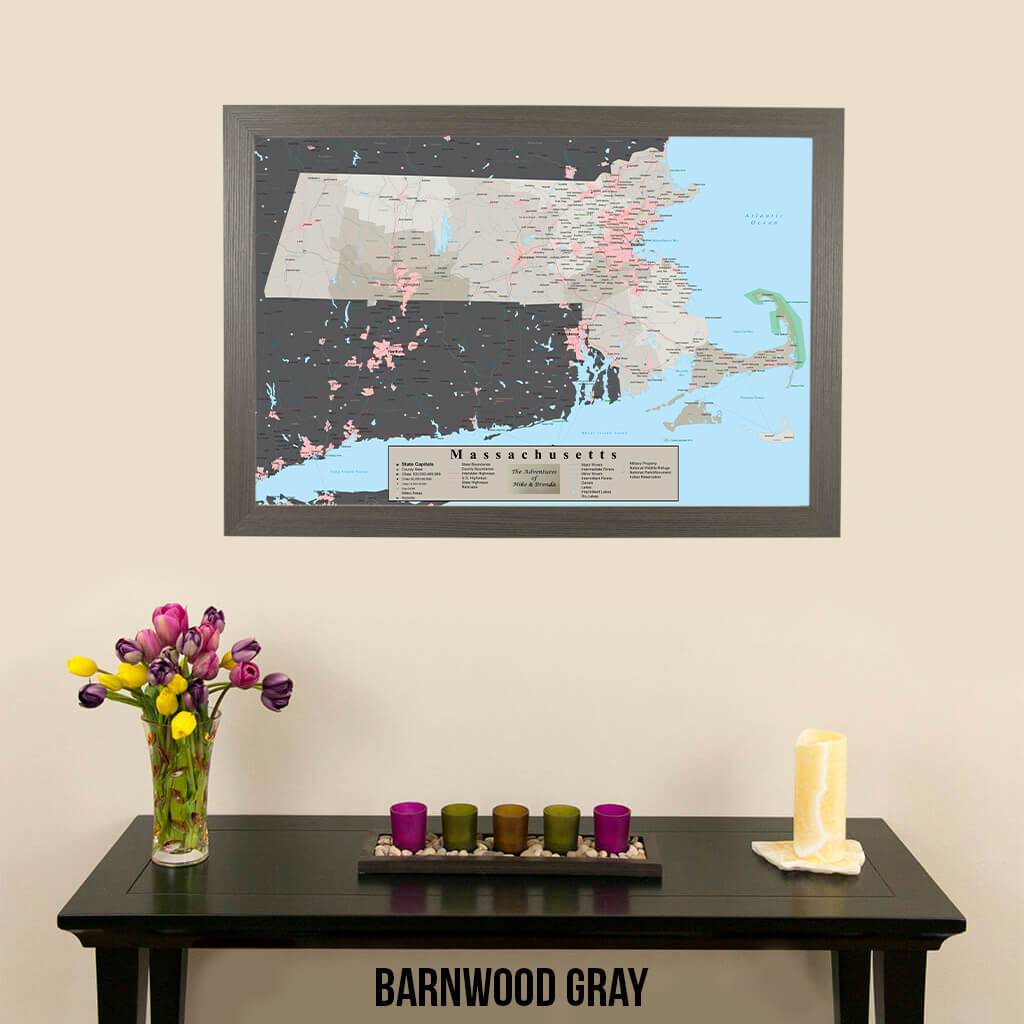 Earth Toned Massachusetts Push Pin Map with Pins Barnwood Gray Frame
