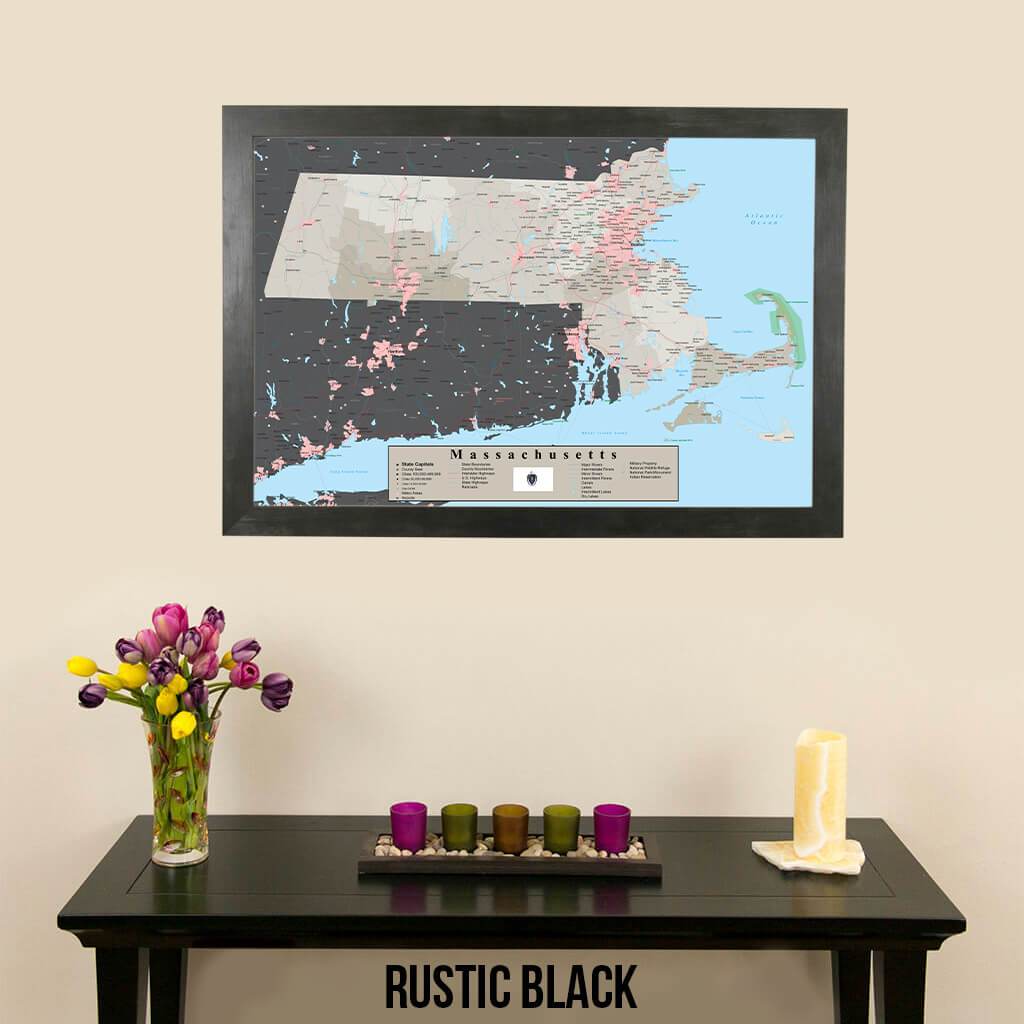 Earth Toned Massachusetts Push Pin Map with Pins Rustic Black Frame