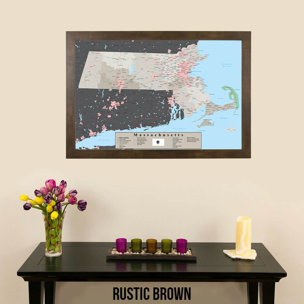 Earth Toned Massachusetts Push Pin Map with Pins Rustic Brown Frame