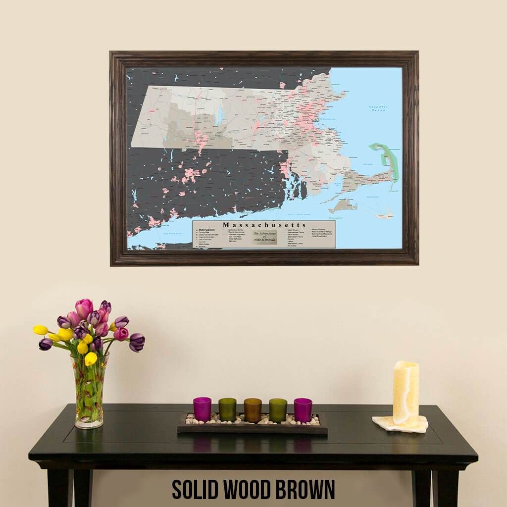 Earth Toned Massachusetts Push Pin Map with Pins Solid Wood Brown Frame