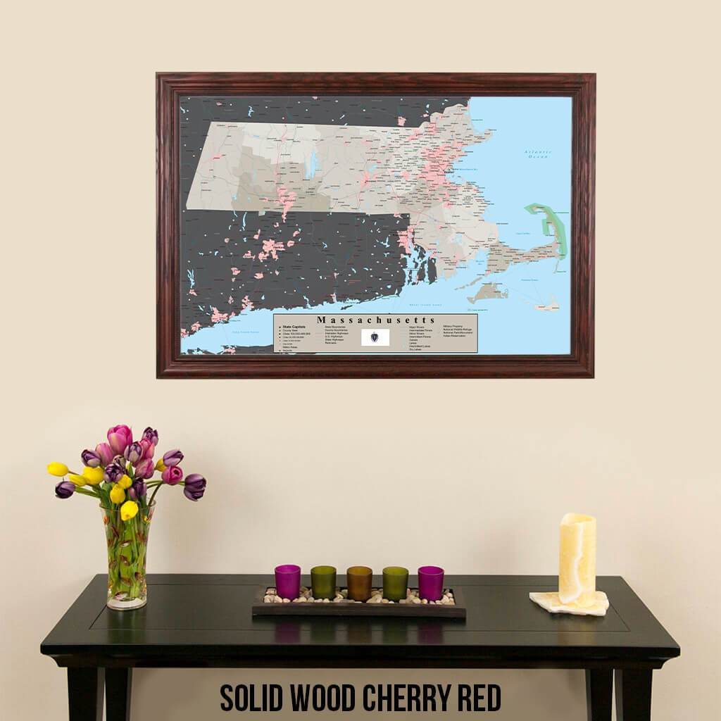 Earth Toned Massachusetts Push Pin Map with Pins Solid Wood Cherry Frame