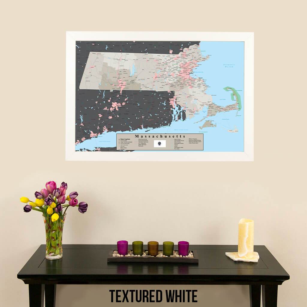 Earth Toned Massachusetts Push Pin Map with Pins Textured White Frame