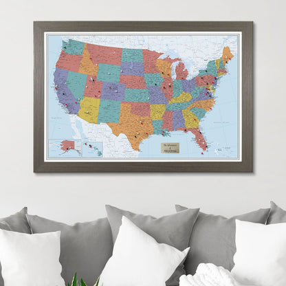 Blue Oceans USA Push Pin Travelers Map in Barnwood Gray Frame