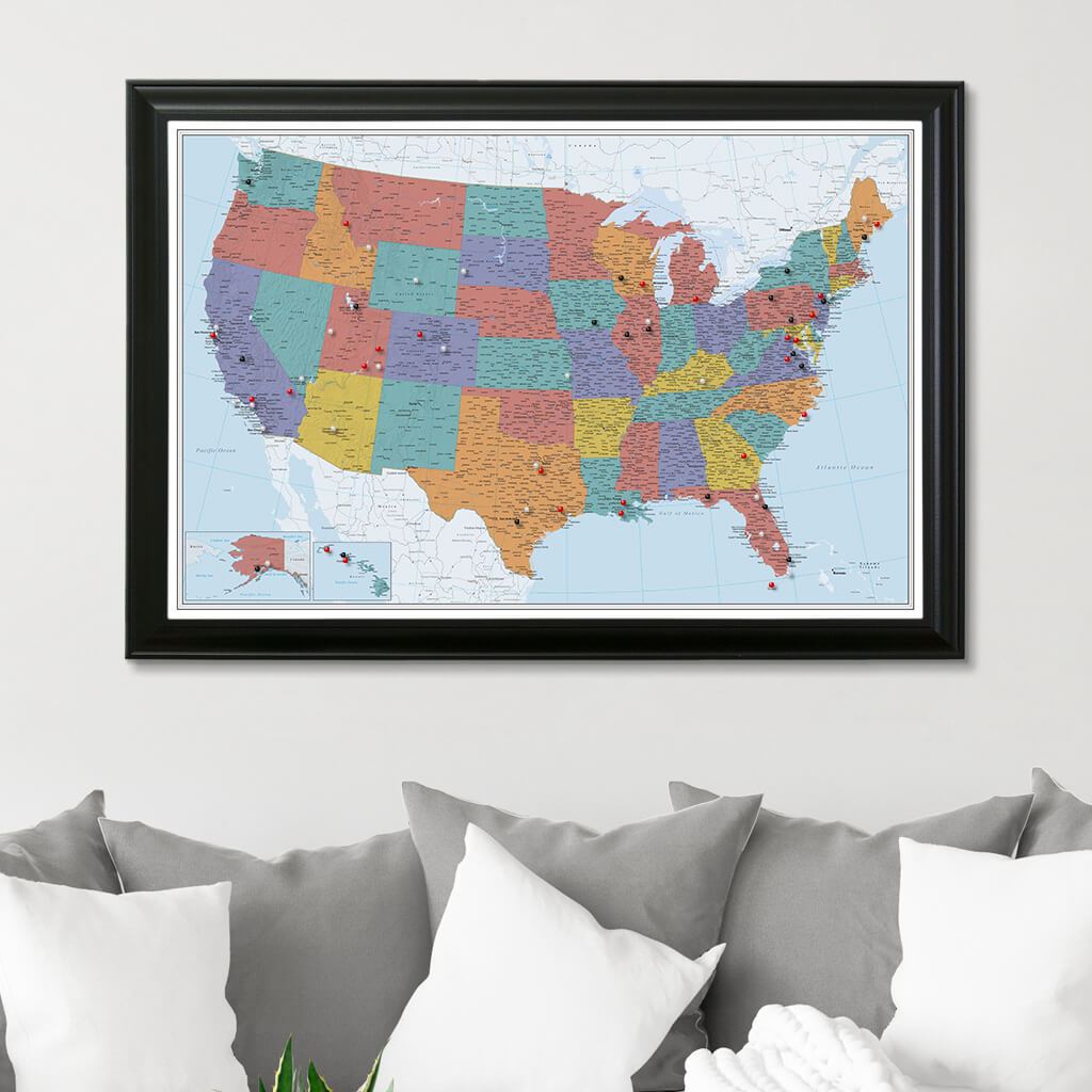 Blue Oceans USA Push Pin Travel Map with Black Frame