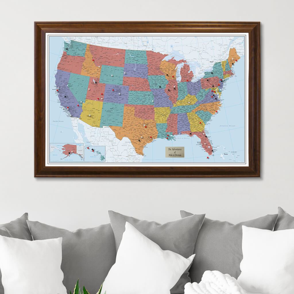 Blue Oceans USA Push Pin Travel Map with Brown Frame
