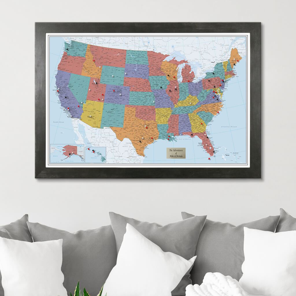 Blue Oceans USA Push Pin Map in Rustic Black Frame