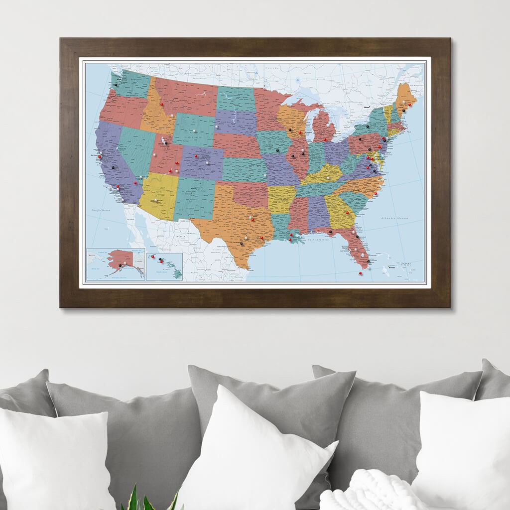 Blue Oceans USA Pinboard Map with Rustic Brown Frame
