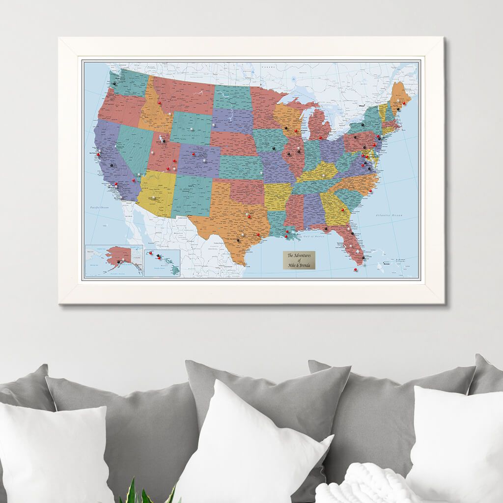 Blue Oceans USA Push Pin Travel Map in Textured White Frame