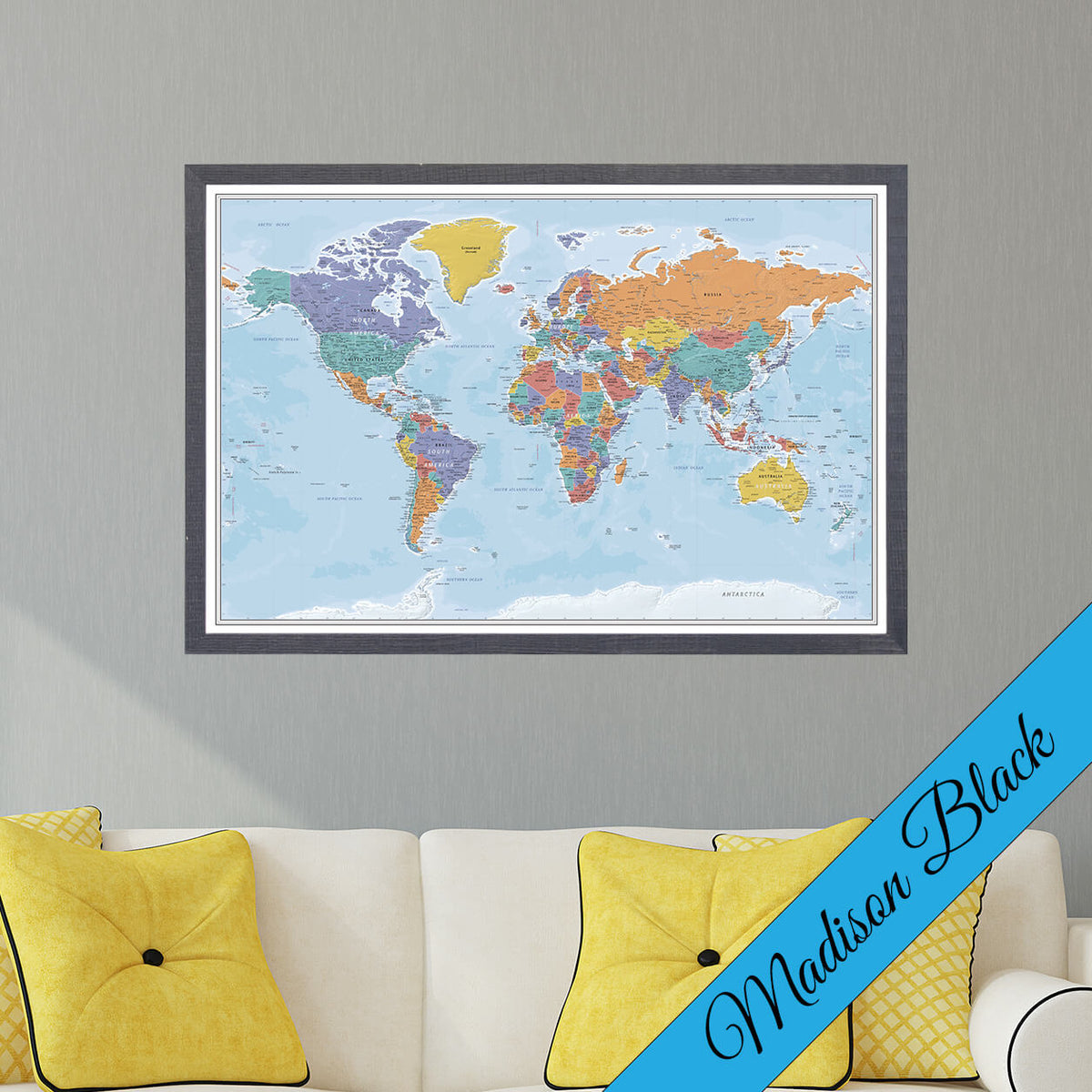 Canvas Blue Oceans World Map With Pins In Premium Madison Black Frame
