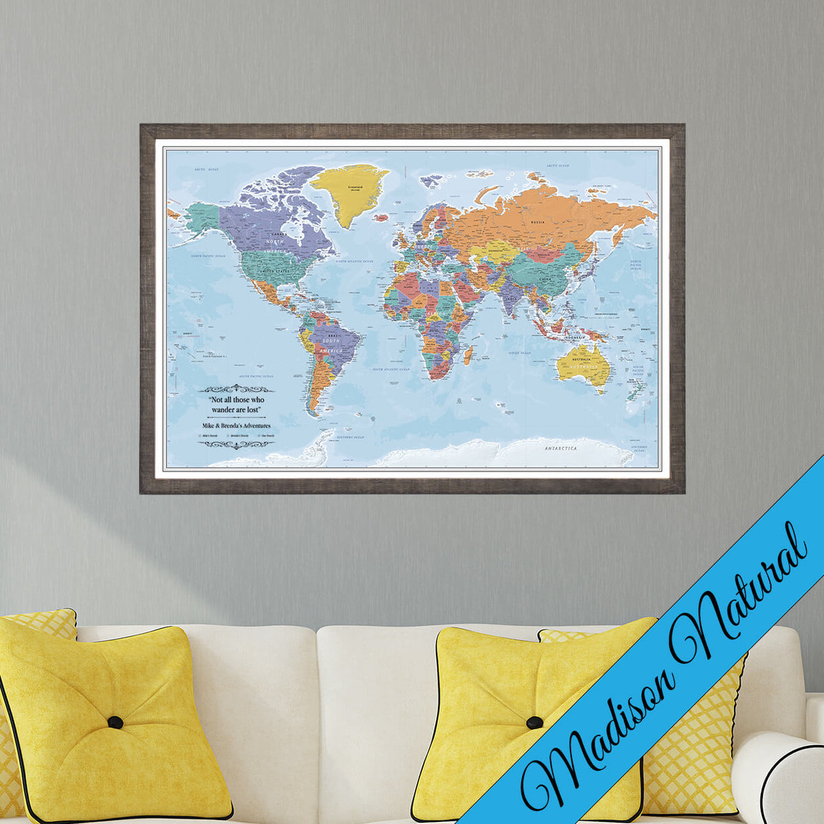 Canvas Blue Oceans World Map With Pins In Premium Madison Natural Brown Frame