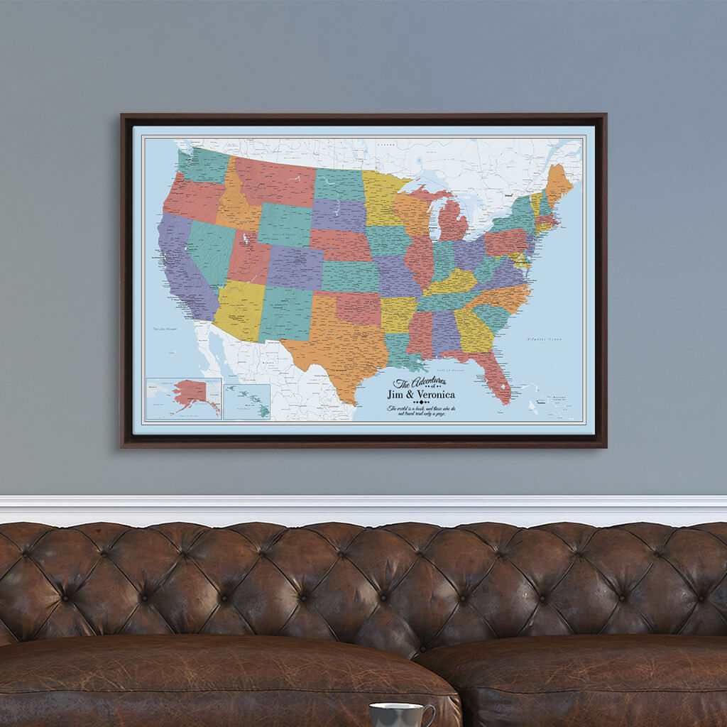 Brown Float Frame -24x36 Gallery Wrapped Blue Oceans USA Map