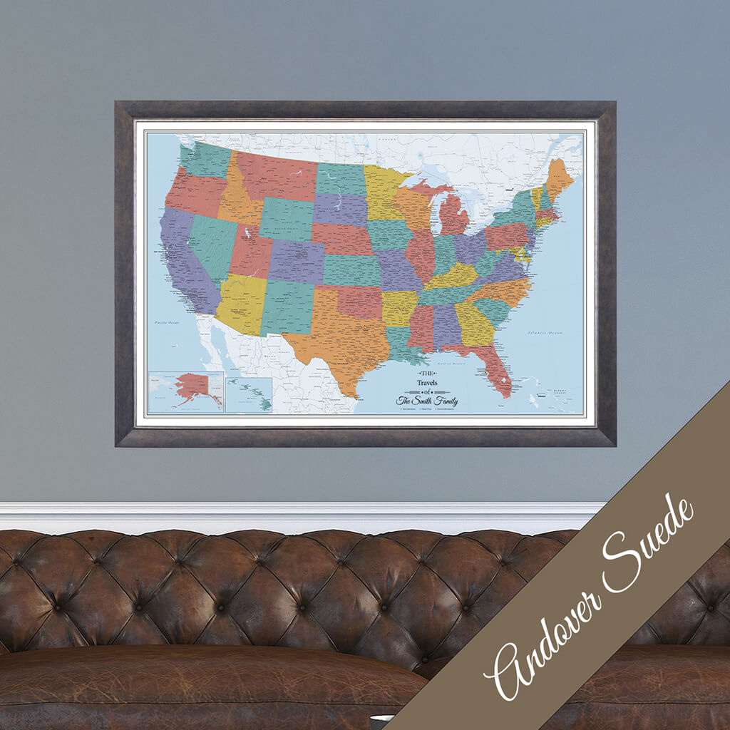 Canvas Push Pin Map - Blue Oceans USA in Premium Andover Suede Frame