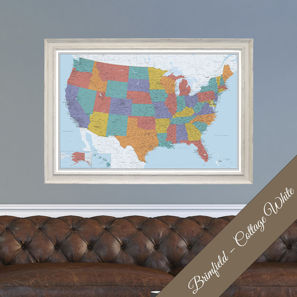 Canvas Blue Oceans US map in Premium Brimfield Cottage White Frame