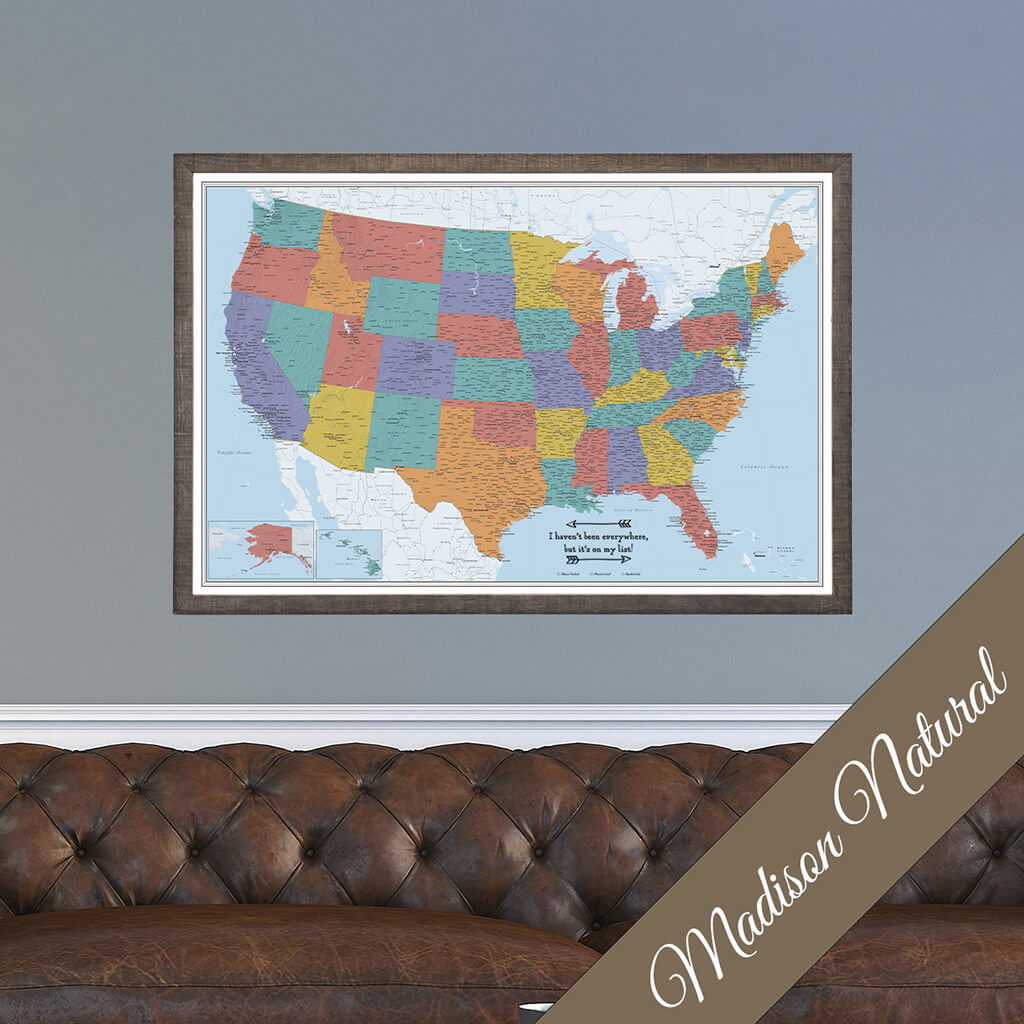 Canvas Push Pin Map - Blue Oceans USA in Premium Madison Natural Frame