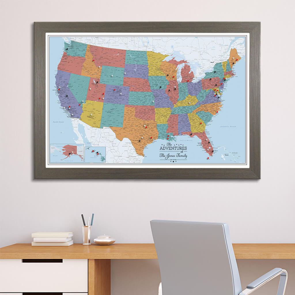 Canvas Blue Oceans US map in Barnwood Gray Frame