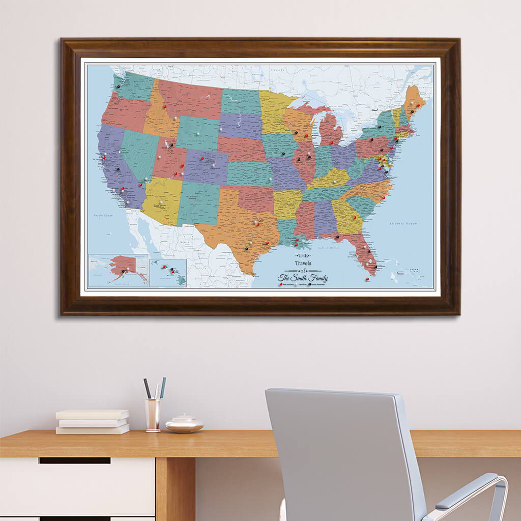 Canvas Blue Oceans US map in Brown Frame