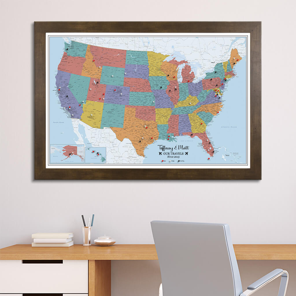 Canvas Blue Oceans US map in Rustic Brown Frame