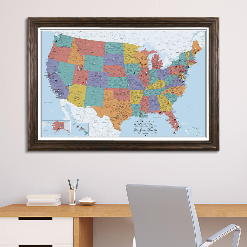 Canvas Blue Oceans US map in Solid Wood Brown Frame