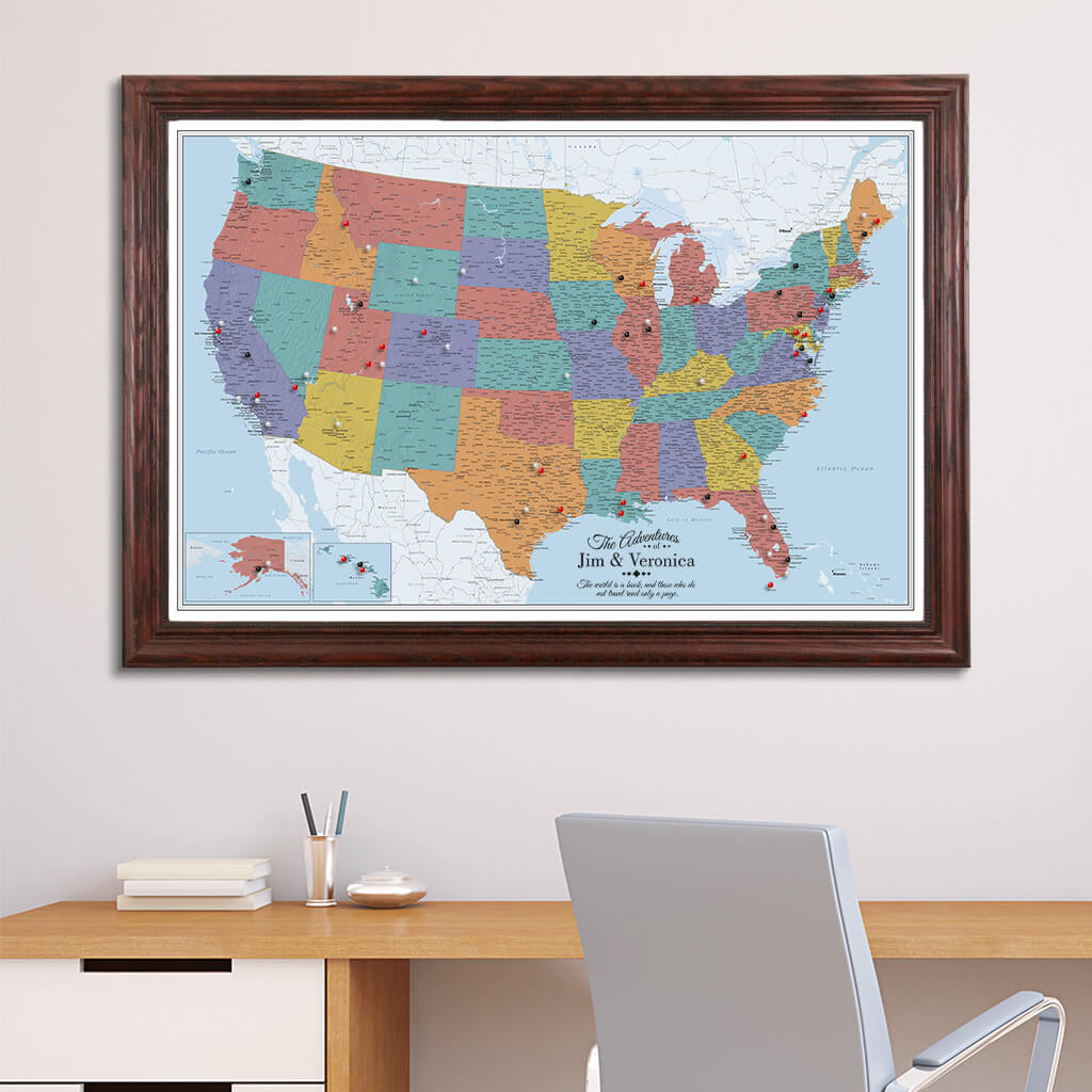 Canvas Blue Oceans US map in Solid Wood Cherry Frame