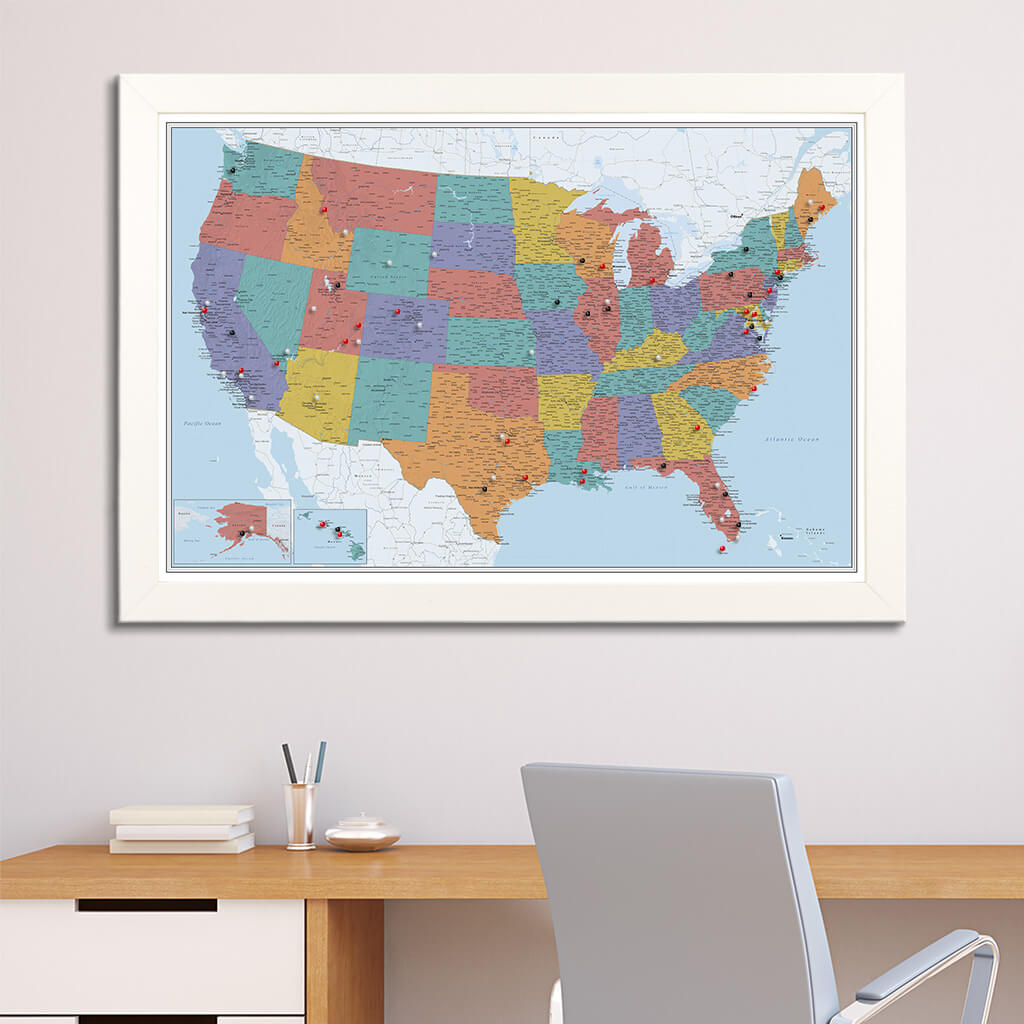 Canvas Blue Oceans US map in Textured White Frame