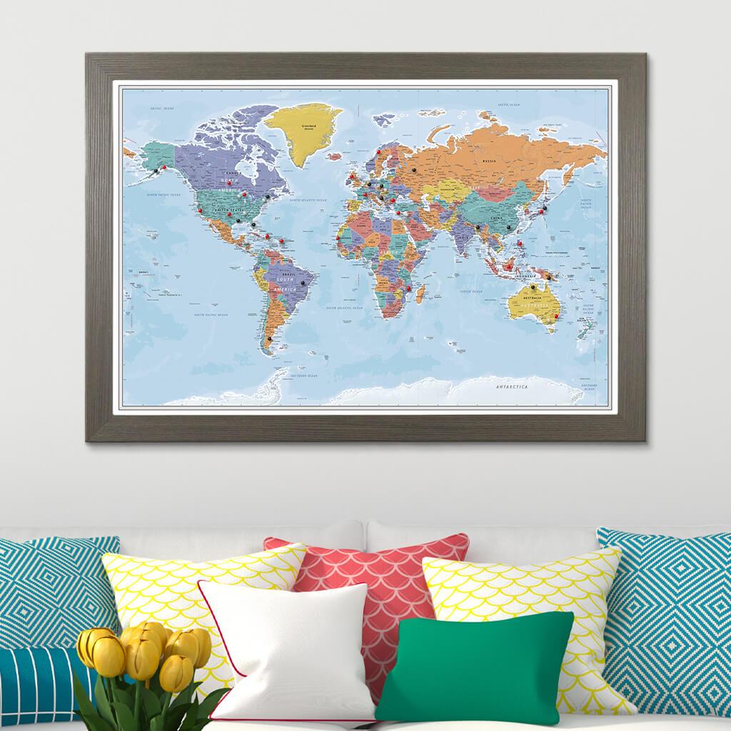 Push Pin Travel Maps Blue Oceans World Pin Map with Pins in Barnwood Gray Frame