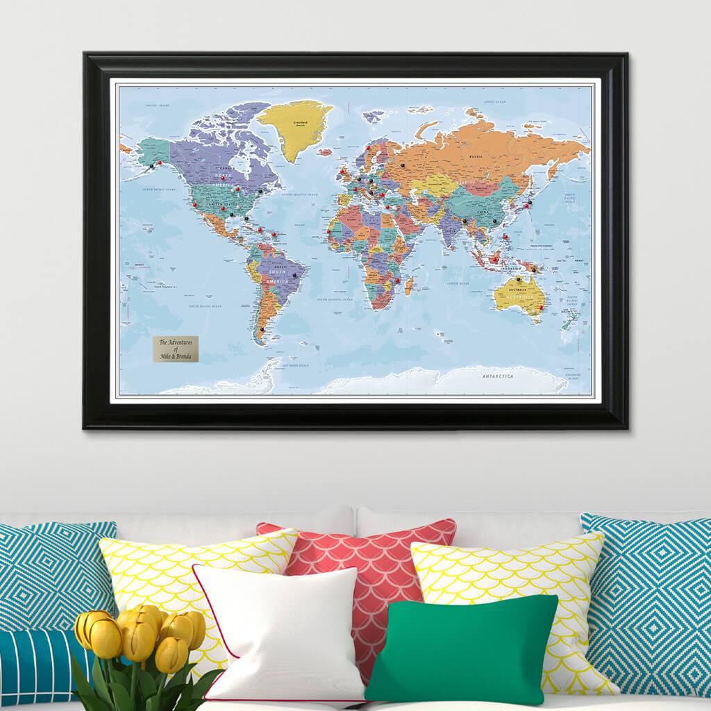 Blue Oceans World Travel Map in Black Frame