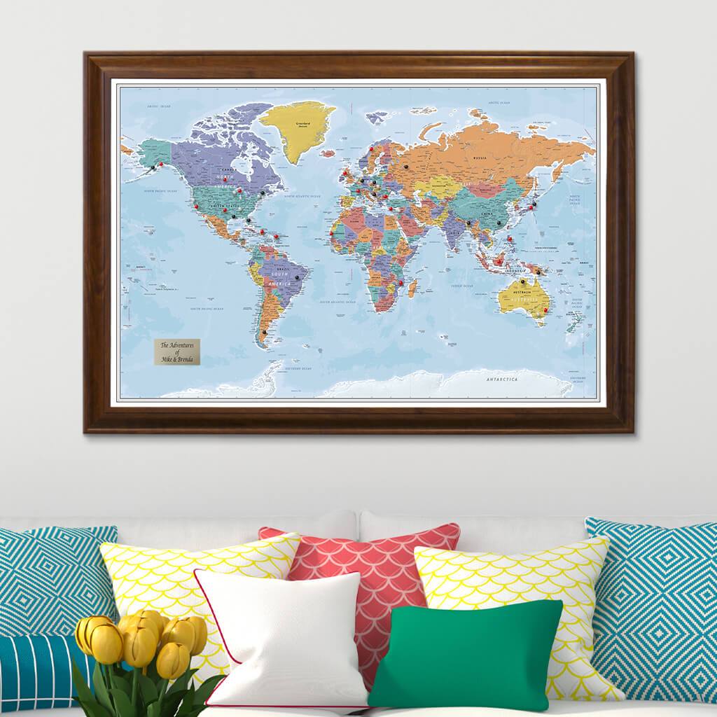 Blue Oceans World Push Pin Map in Brown Frame