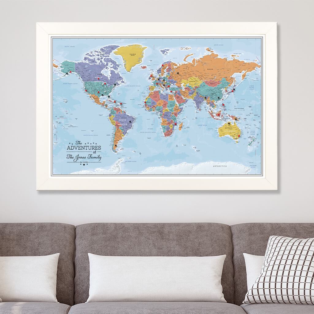 Blue Oceans World Map on Canvas in Textured White Frame
