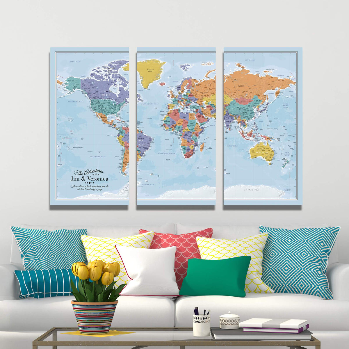 3 Panel Blue Oceans World Canvas Map